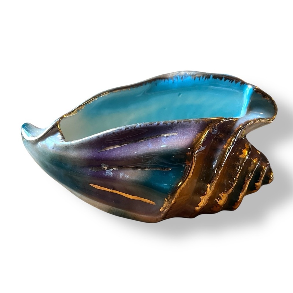 Vintage Ceramic Conch Shell Blue and Gold Hollywood Regency Planter